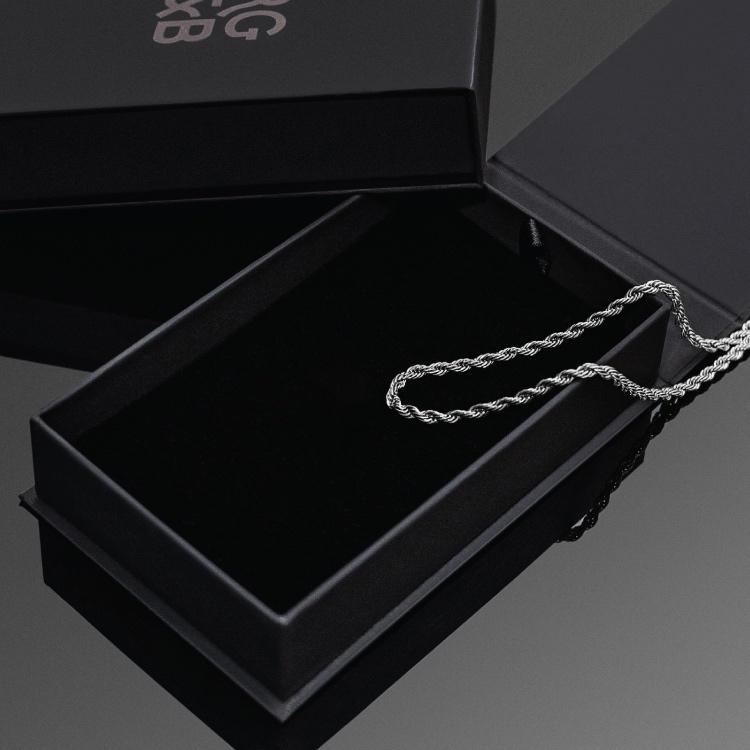 Our Silver Rope Chain Necklace features our premium silver rope chain and signature polished Silver clasp, engraved with RG&B.